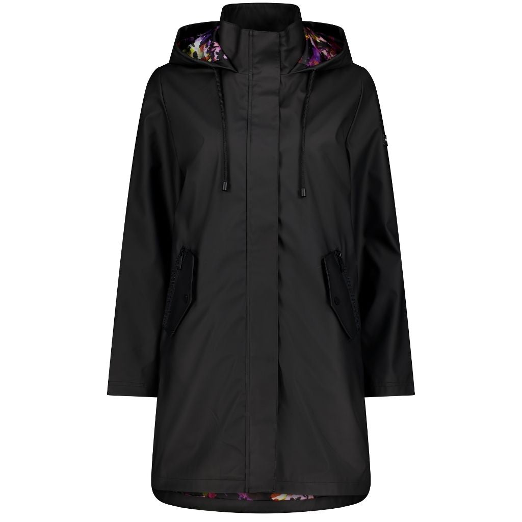 Billie PU Coated Rain Coat | Black /Purple Fleur | Moke